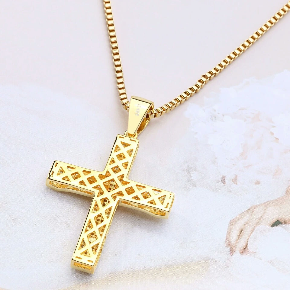 14k Gold Iced Cross Pendant Genuine Diamond Simulate Stones With 24