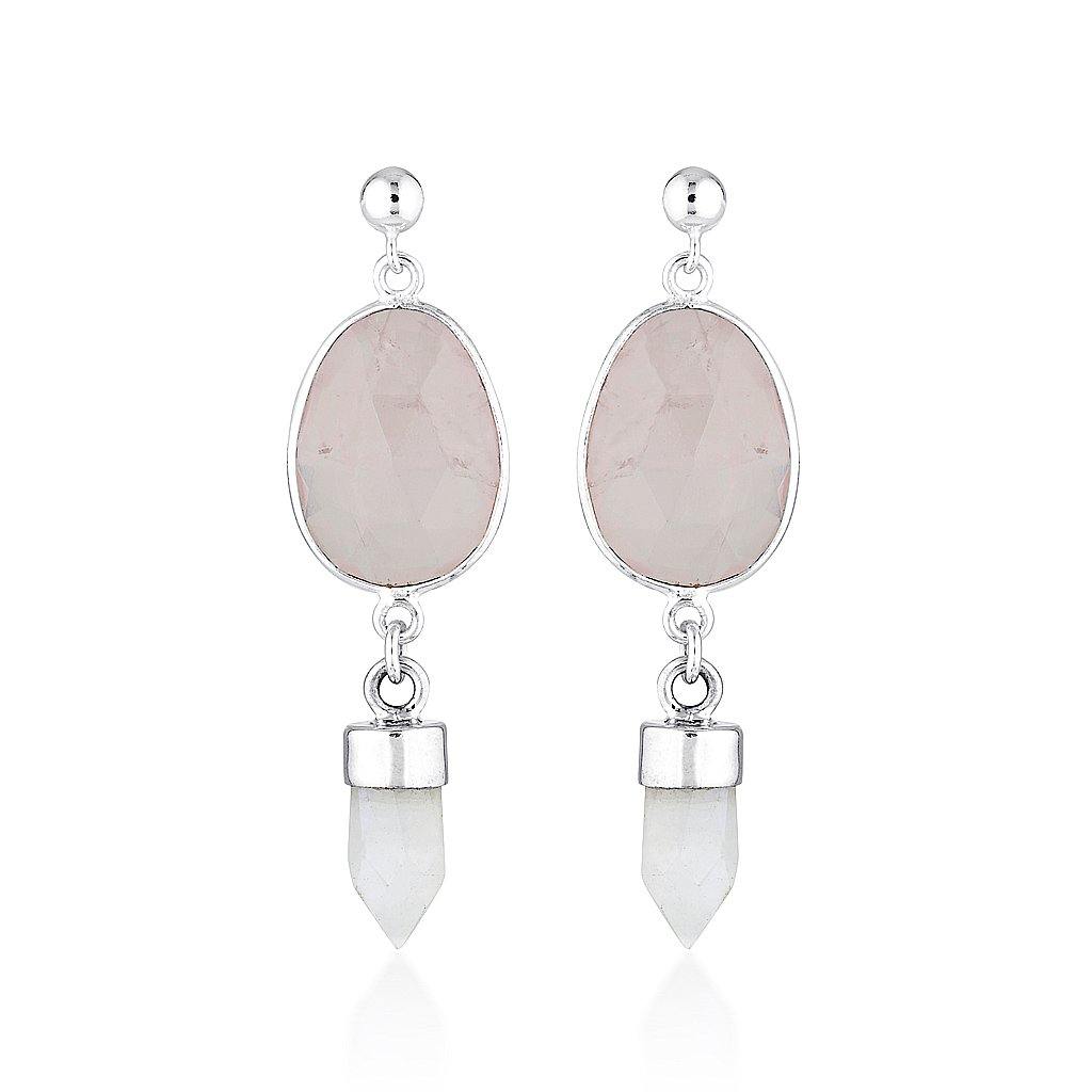 Gemstone Double Drop Earrings - Rose Quartz & Moonstone