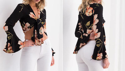 BLACK FLORAL CROPPED TOP WITH FLARE SLEEVE