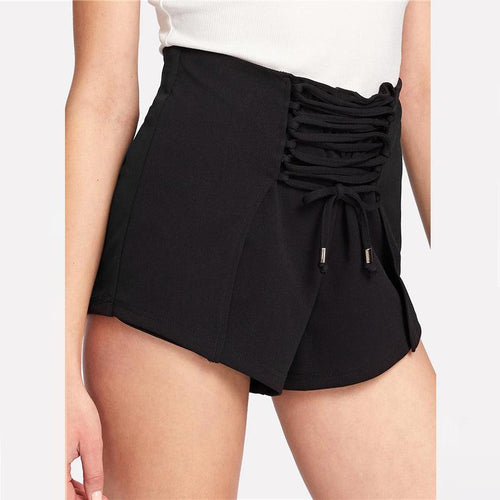 BLACK FRONT LACE-UP SHORTS