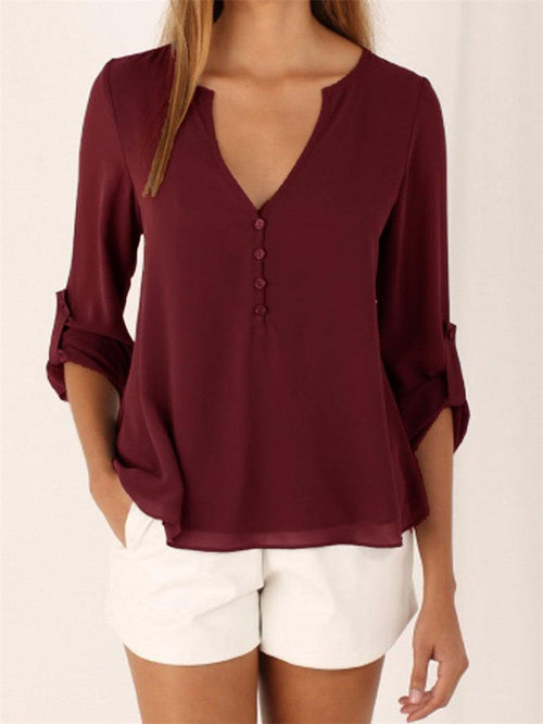 CHIFFON BUTTON-UP V-NECK BLOUSE  WITH 3/4 SLEEVES