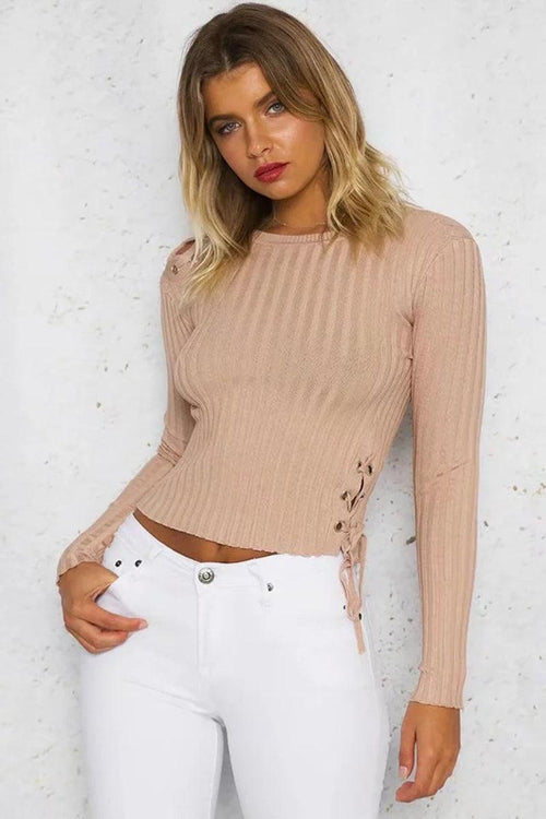 CROPPED LACE-UP ONE SHOULDER, ONE SIDE SWEATER