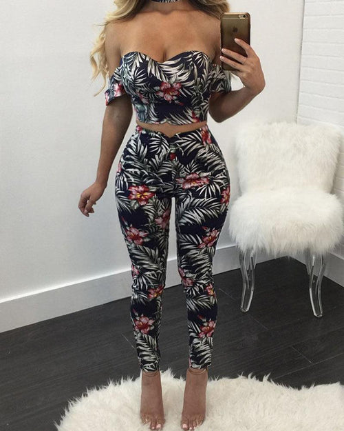 FITTED FLORAL STRAPLESS PANT SET