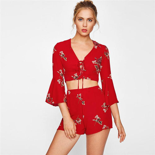 RED FLORAL FLARE SLEEVE LACE-UP SHORTS SET