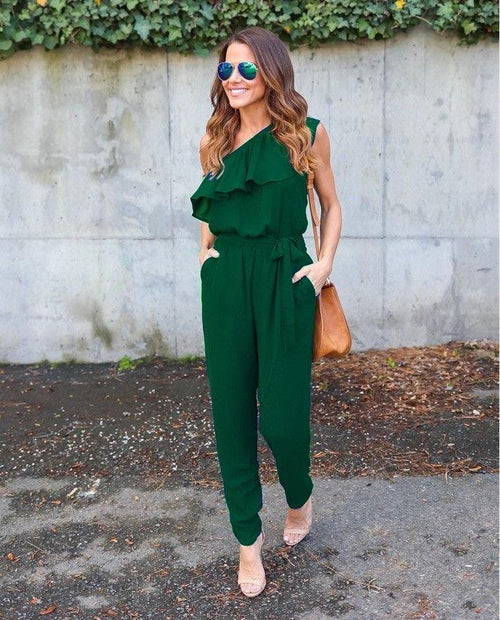 RUFFLED ONE SHOULDER CASUAL CHIC JUMPSUIT