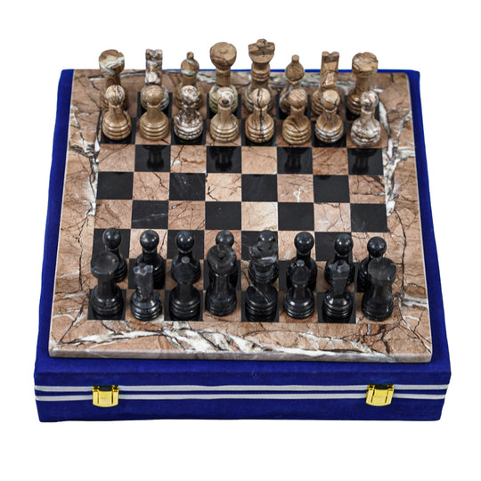 Large Marble Chess Set- Black and White Coral with Fancy Chess Pieces-  White Border- 16