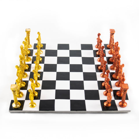 Roman Chess Set- Metal Black and White Board with Red and Gold Pieces- Brass Board with Pieces- 12"