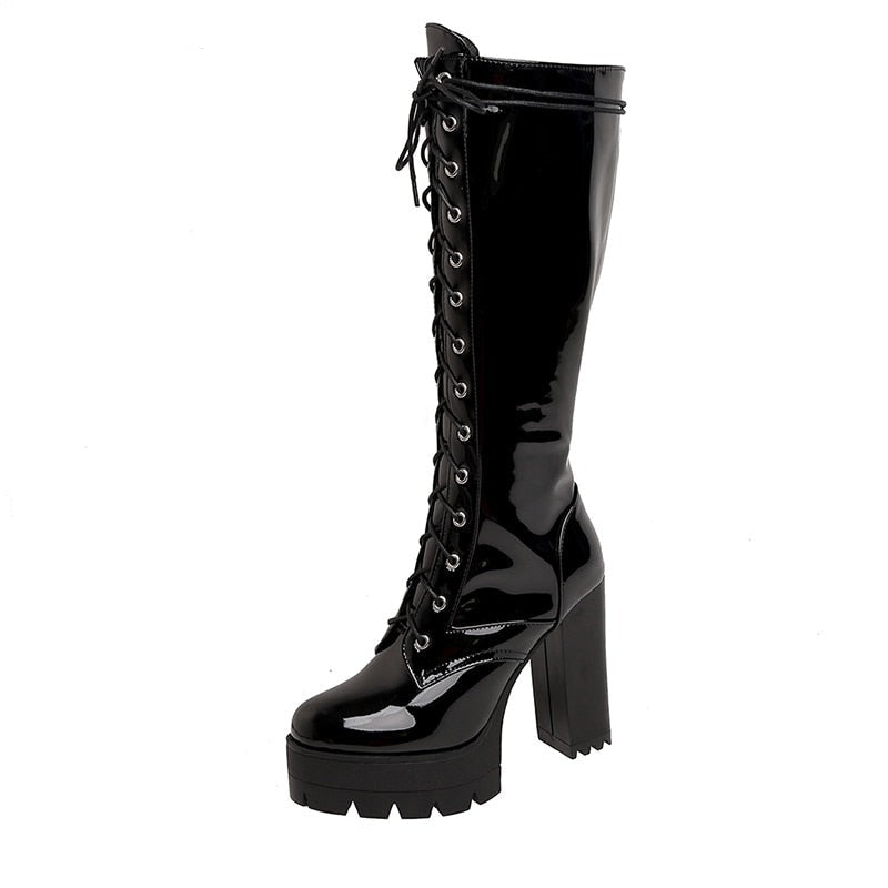 Patent Lace Up Platform Leather Boots- Women