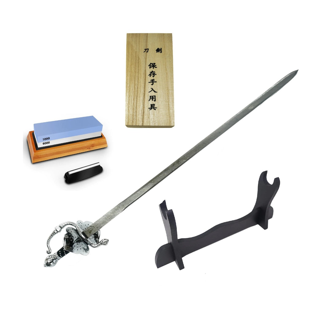 leaf-rapier-bundle-damascus-steel-rapier-sword-maintenance-kit-sword-sharpener-sword-stand