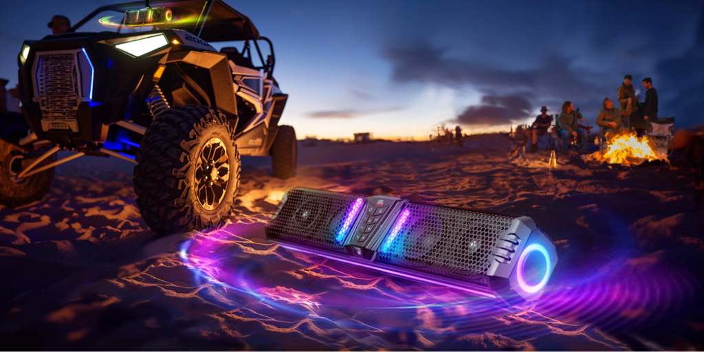 A KEMIMOTO UTV sound bar flashing lights placed on the sand