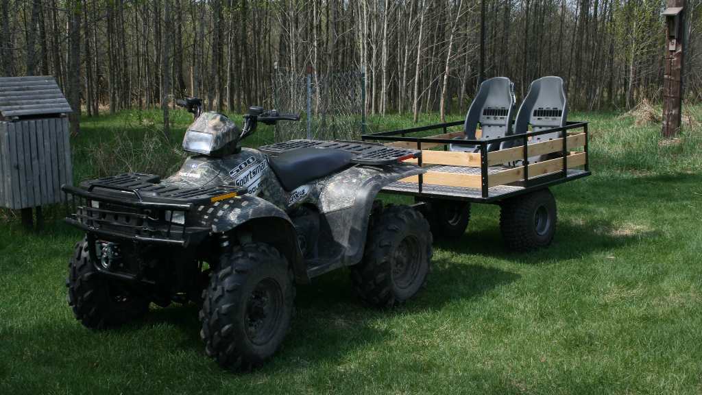 A Polaris Sportsman parked on the grass