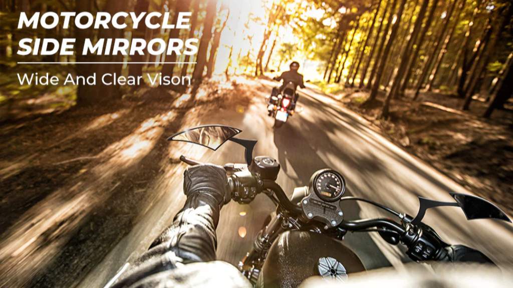 A man riding a Harley Sportster with Kemimoto blade mirrors mounted on the bike