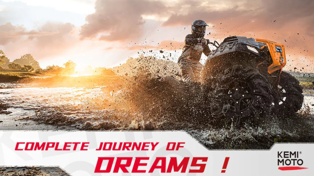 A man riding an ATV in the mud and Kemimoto offers excellent Polaris Sportsman accessories to complete your journey of dreams