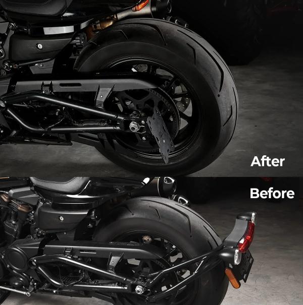 Before and after using Kemimoto’s motorcycle side license plate holder bracket with LED Light