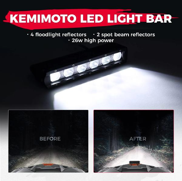 Kemimoto's LED light bar illuminating a muddy trail in low-light conditions