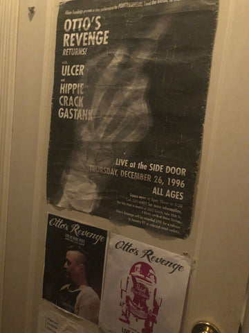 Otto's Revenge show flyers, including a main one with an X ray of lead singer Kurt Hoffmann's middle finger from a 1996 show at the Side Door in St. Louis, Missouri.
