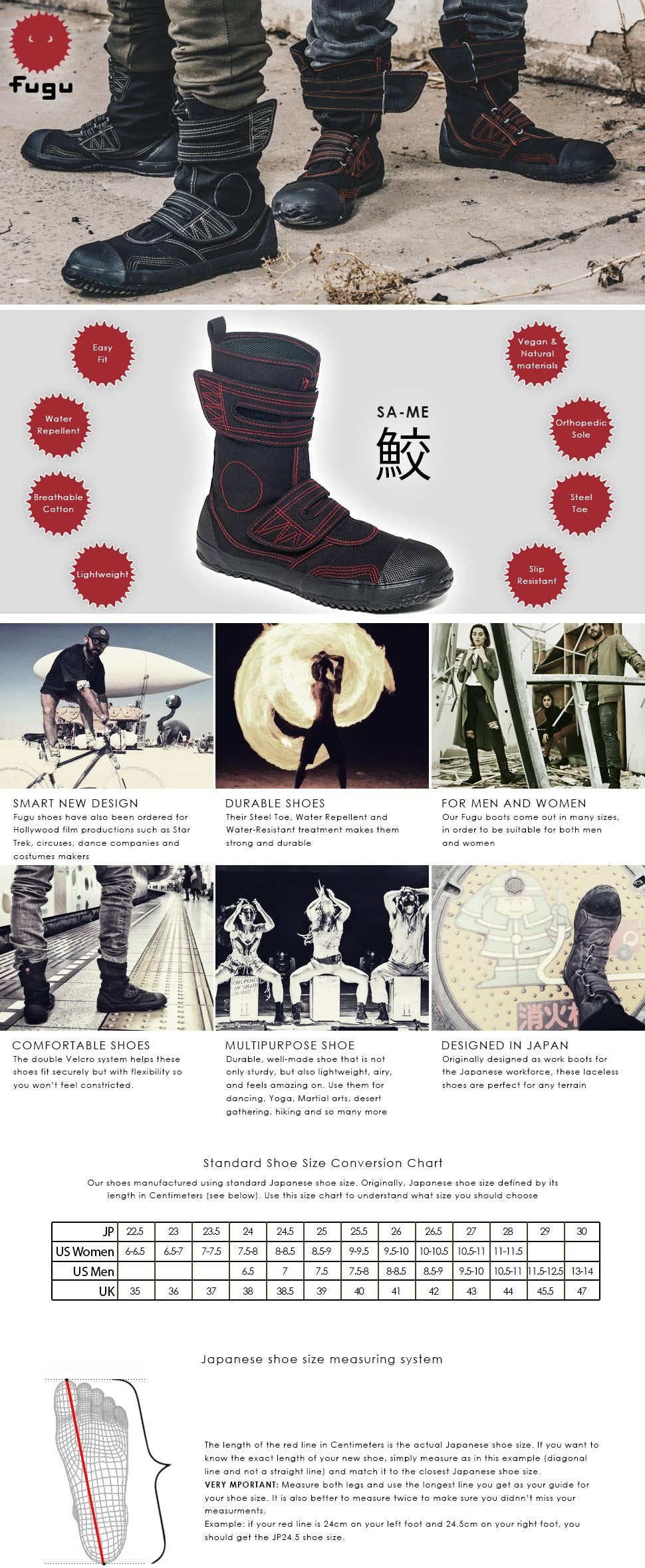 Black Red Fugu Sa-Me Japanese Vegan Work Shoes & Boots. Metal Tip & Lightweight