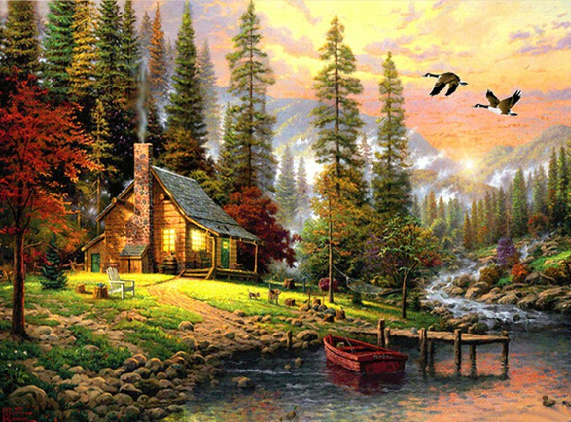 Cabin by the woods by a river at sunset – Paint By Numbers