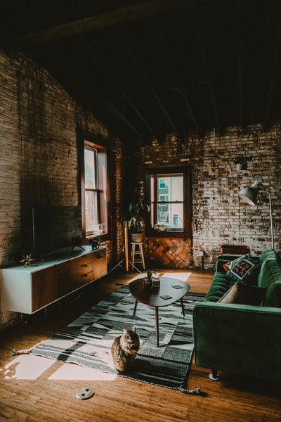 Green Velvet Sofa Exposed Brick Interior 