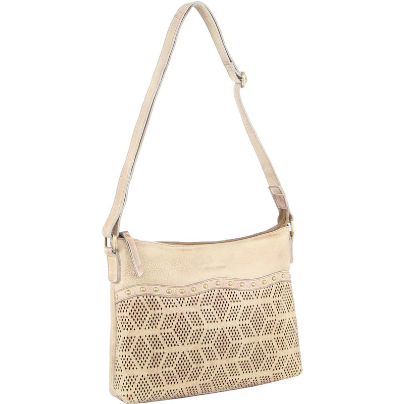 Pierre Cardin Womens Leather Perforated Cross-Body Bag with stud Detailing - Latte Payday Deals