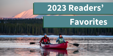 "2023 Readers Favorites" with images of two people canoeing on a mountain lake