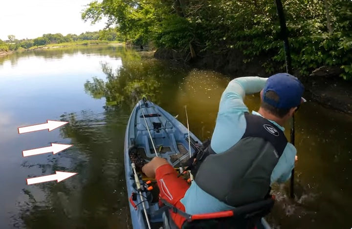 kayak angler using the draw stroke to position his kayak