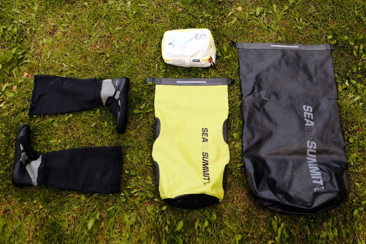 paddling boots and dry bags