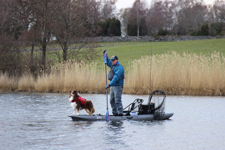 man and dog on a fishing kayak, poling along