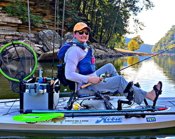Courtney Bennett in her fishing kayak, fish finder in front