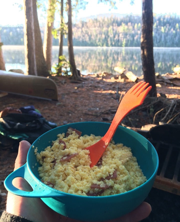 eggs and ham for a canoe trip breakfast