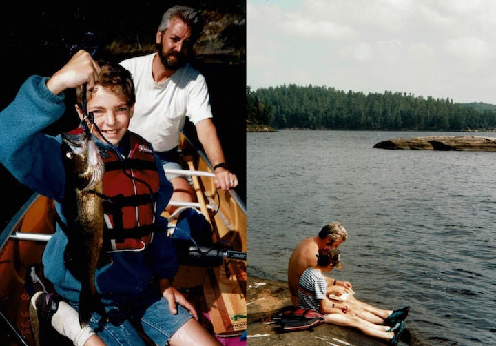 two photos: boy with dad in a canoe with a fish; dad and boy looking at a canoe map on the lakeshore