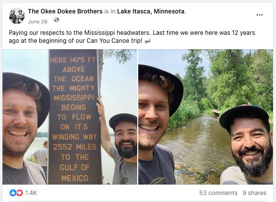 Facebook post of Okee Dokee Brothers at Mississippi River headwaters