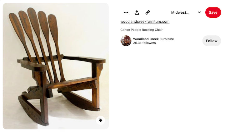 Pinterest post of a rocking chair made partly of wood canoe paddles
