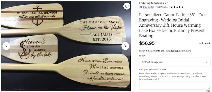 Etsy post of engraved canoe paddle blades