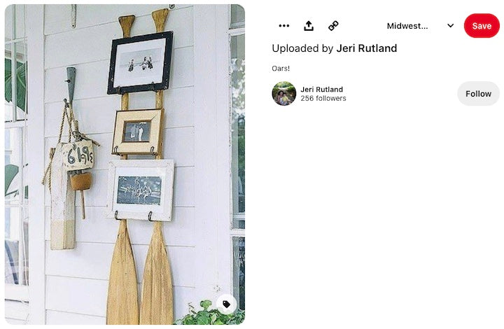 Pinterest post of two wood canoe paddles used as a mount for picture frames