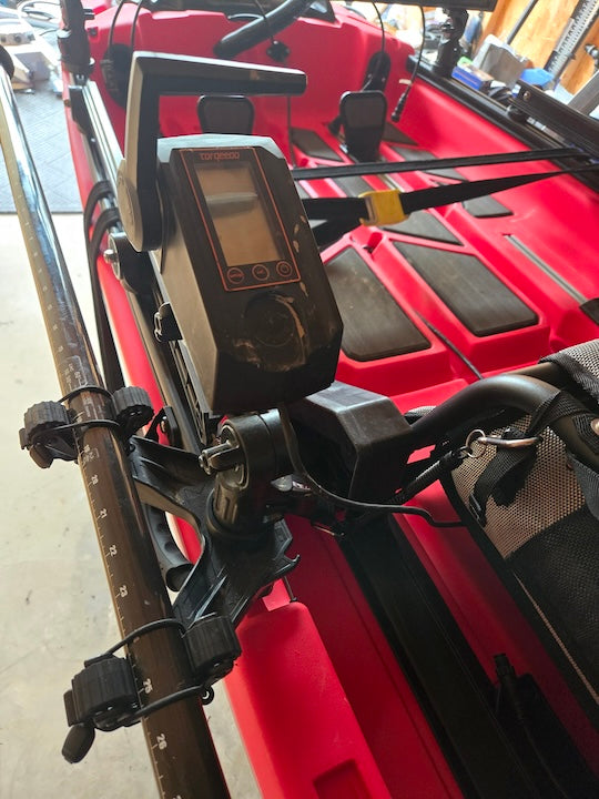 fish finder, paddle etc on kayak's left side