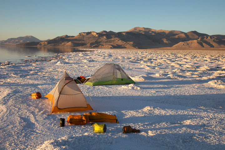 campsite on great salt lake's salty shore