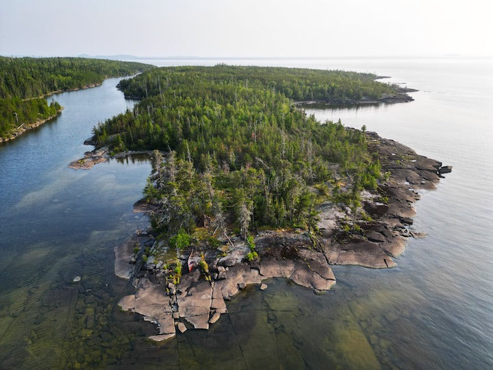 drone shot of an amazing Lake Superior canoe campsite