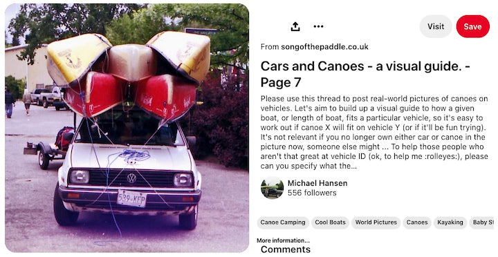 Pinterest image of an old car with five canoes strapped to the top!