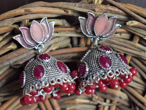 GERMAN SILVER LOTUS AFGHANI EMBELLISHED JHUMKA