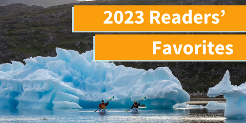 "2023 Readers Favorites" with image of sea kayakers among ice bergs