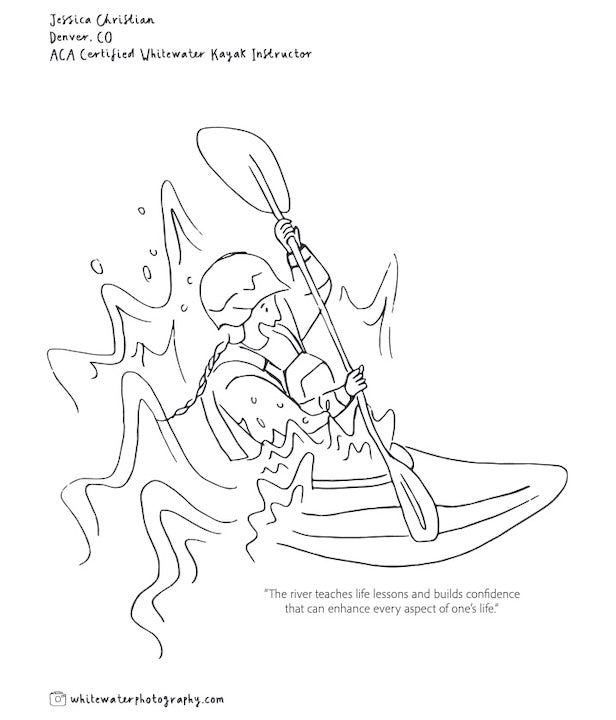 page from coloring book of woman whitewater kayaking
