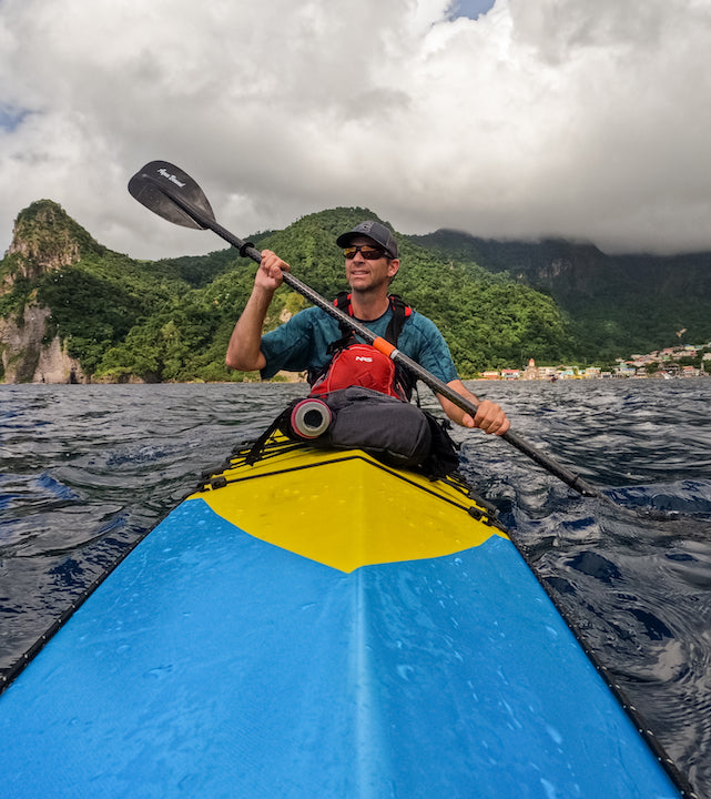 Ken Whiting in his Trak kayak along the Dominica coast