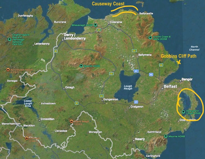 Map of Northern Ireland with Ken's kayak trips marked