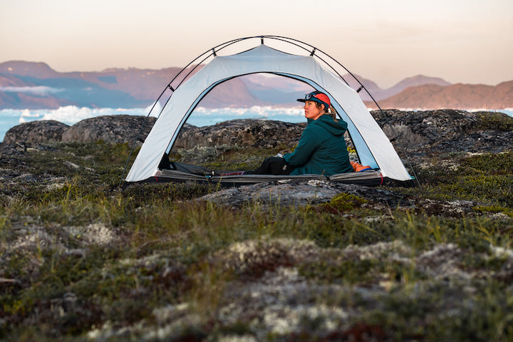 Kate Wright in her tent, Greenland