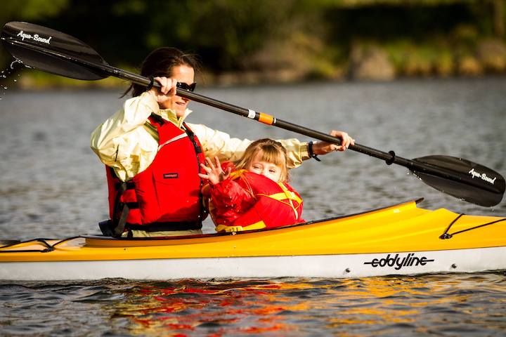 woman and little girl kayaking together