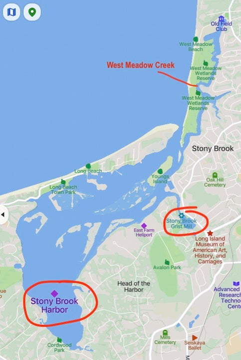 map of Stony Brook Harbor with a couple sites pointed out