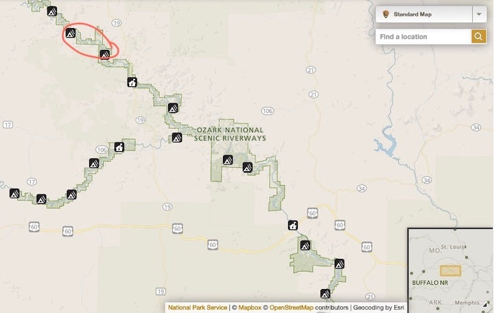 stretch of the Upper Current River circled in red, map of Ozark Nat'l Scenic Riverway