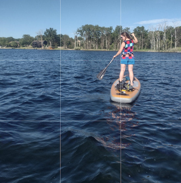woman on a SUP on the water, with grid demonstrating the Rule of Thirds