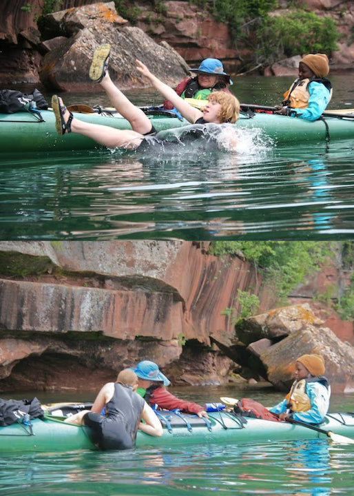 Rachel learns to climb back into her kayak from the water, two photos shown...first she falls in the water, next she climbs in